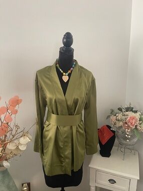 Olive Satin Kimono Robe with Waist Tie